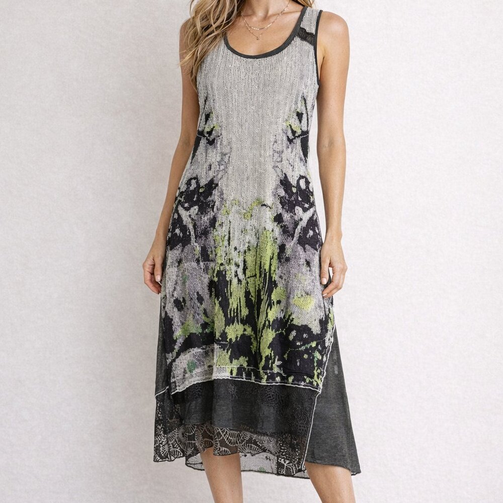 ADAM JACOBS Asymmetrical Midi Dress Abstract White Mesh Overlay Grey Jersey Knit